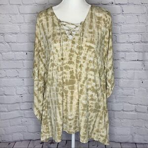Michael Kors Tie dye flutter side tan and white top with lace up neckline